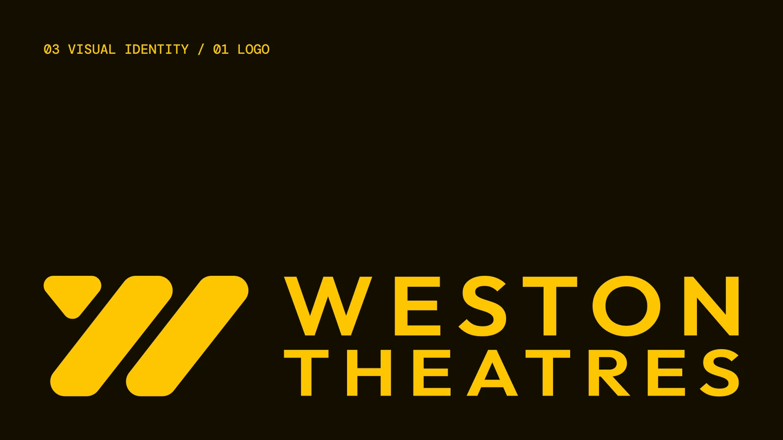 Weston Theatres primary logo: yellow W mark and stacked wordmark on black